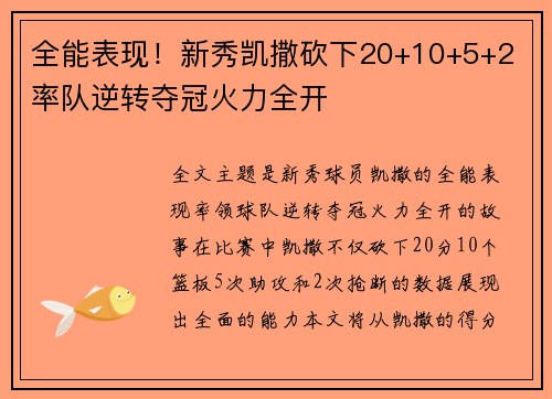 全能表现！新秀凯撒砍下20+10+5+2 率队逆转夺冠火力全开